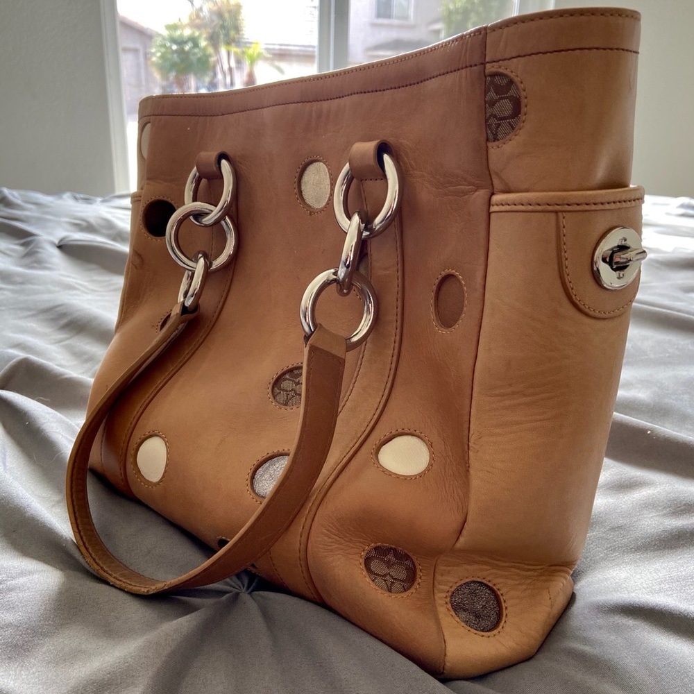 Brown leather Coach Tote with dots
